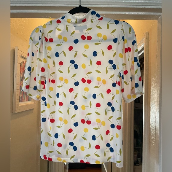 Modcloth Blouse Women's Medium Multi-Color Cherry Design Tie-Neck Short Sleeve - Picture 3 of 3